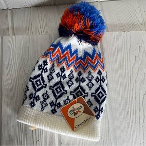 Vintage Wigwam Ski Winter Hat Knit  Acrylic Big PomPom Blue Orange White 70s NWT
